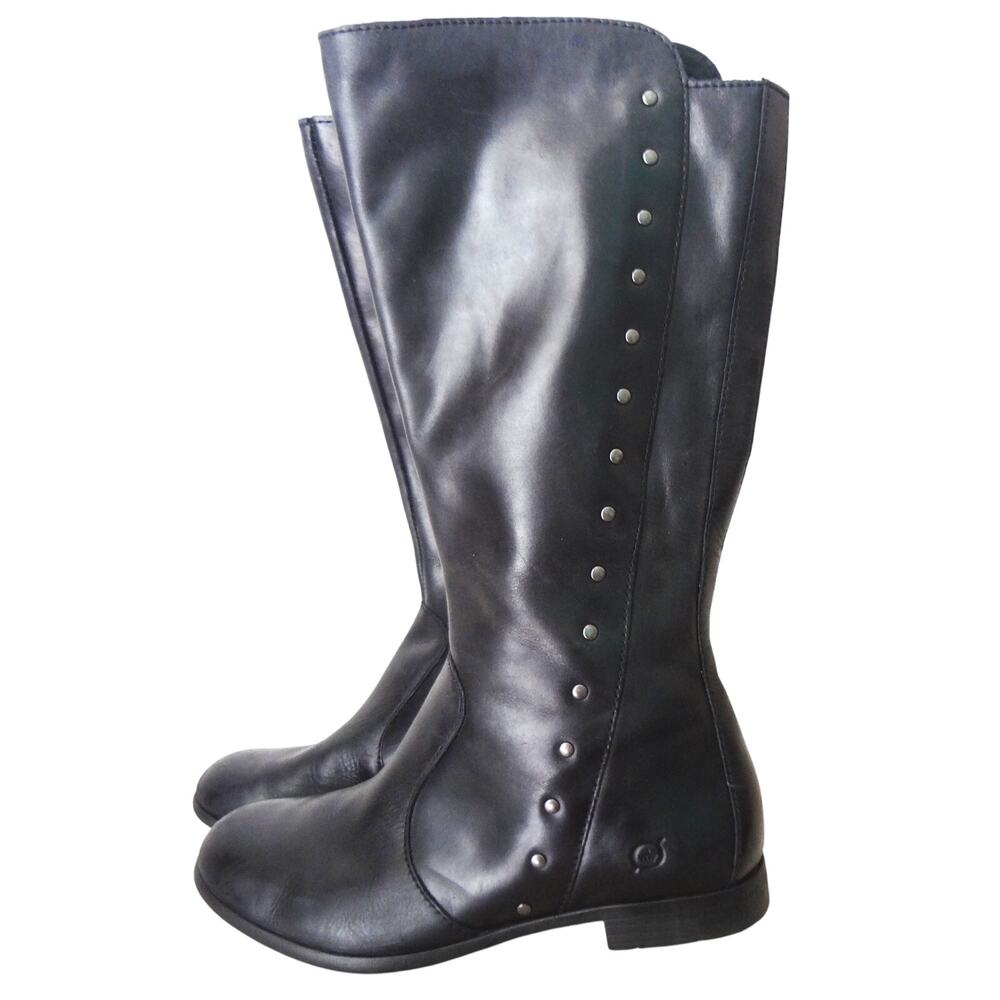 Born Larsen Black Leather Tall Riding Boot Flat Knee Studs Studded Round Toe 8.5